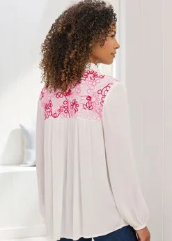 Cotton Traders Ivory Embroidered Crinkle Blouse