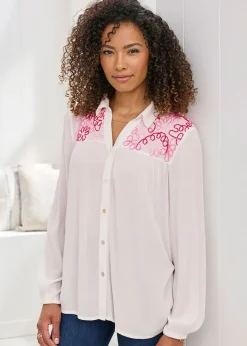 Cotton Traders Ivory Embroidered Crinkle Blouse
