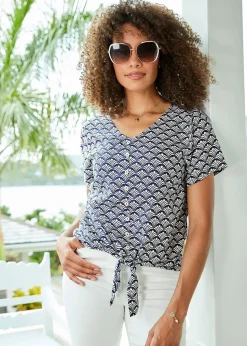 Cotton Traders Ivory Short Sleeve Tie-Front Printed Top