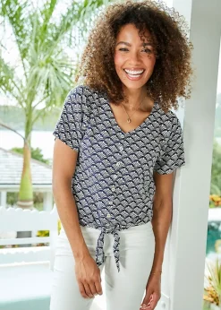 Cotton Traders Ivory Short Sleeve Tie-Front Printed Top