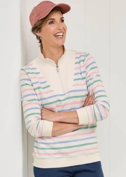 Cotton Traders Ivory Stripe Zip-Neck Sweatshirt