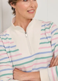 Cotton Traders Ivory Stripe Zip-Neck Sweatshirt