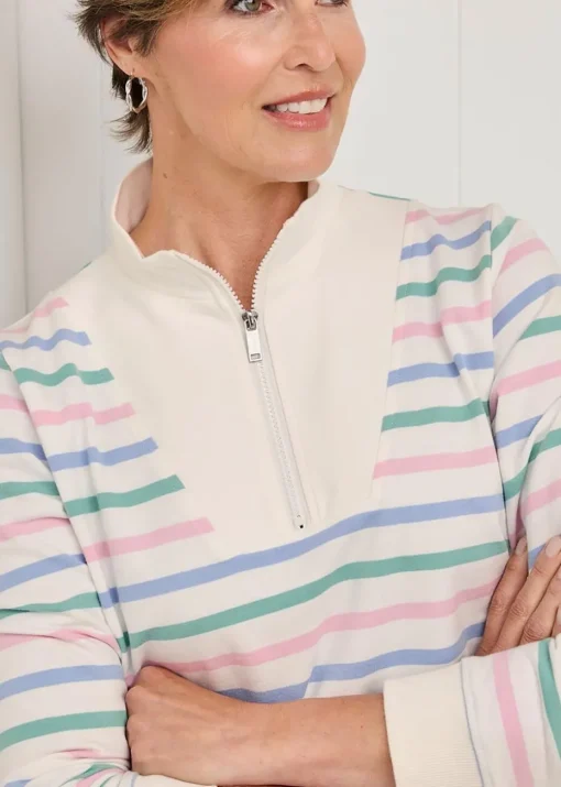 Cotton Traders Ivory Stripe Zip-Neck Sweatshirt