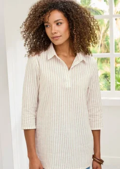 Cotton Traders Ivory Stripe 3/4 Sleeve Cotton-Linen Overshirt