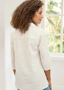Cotton Traders Ivory Stripe 3/4 Sleeve Cotton-Linen Overshirt