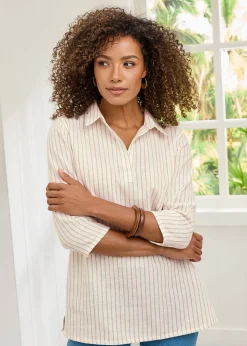 Cotton Traders Ivory Stripe 3/4 Sleeve Cotton-Linen Overshirt