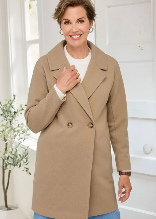 Cotton Traders Light Camel Wool-Look Unlined Double-Breasted Coat