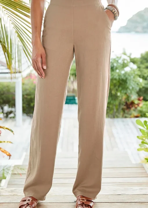 Cotton Traders Light Taupe Linen-Blend Straight Leg Trousers