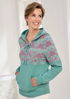 Cotton Traders Light Teal Fair Isle Hooded Jumper