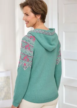 Cotton Traders Light Teal Fair Isle Hooded Jumper