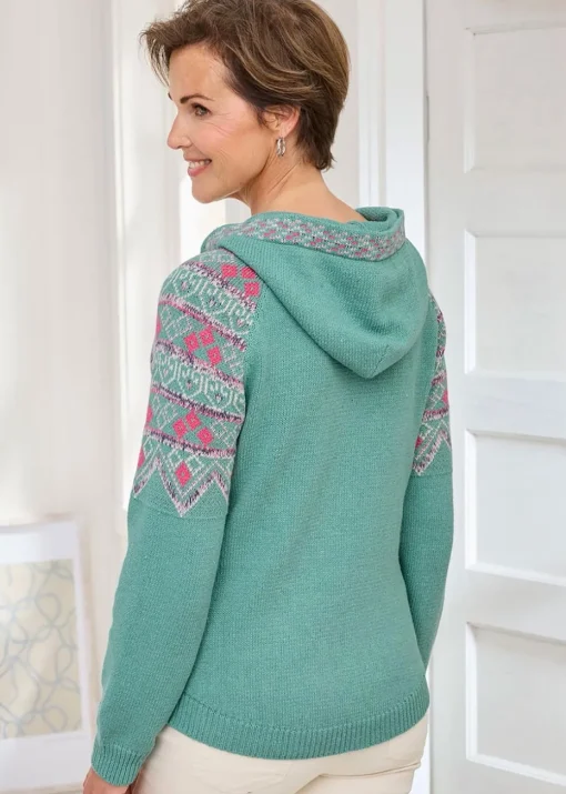 Cotton Traders Light Teal Fair Isle Hooded Jumper