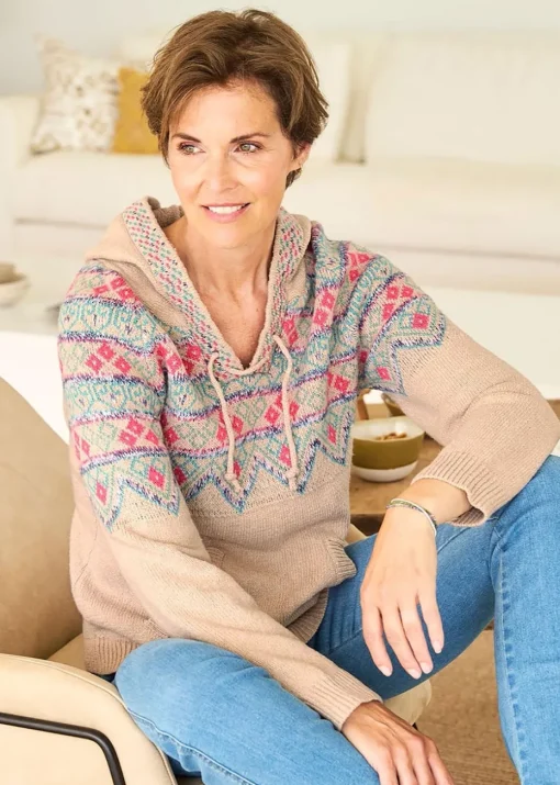 Cotton Traders Linen Fair Isle Hooded Jumper