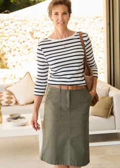 Cotton Traders Mid Khaki Scalloped Pocket Twill Knee-Length Skirt