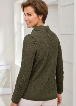 Cotton Traders Mid Khaki Collared Pointelle Jumper
