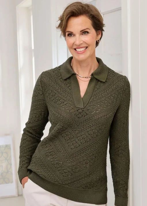 Cotton Traders Mid Khaki Collared Pointelle Jumper