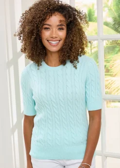 Cotton Traders Mint Short Sleeve Cable Jumper