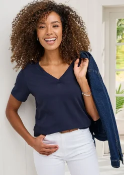 Cotton Traders Navy Essential Short Sleeve V Neck T-Shirt