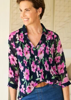 Cotton Traders Navy Pintuck Chiffon Blouse & Cami