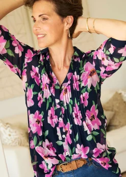 Cotton Traders Navy Pintuck Chiffon Blouse & Cami