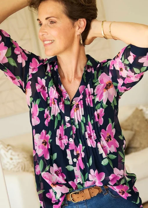 Cotton Traders Navy Pintuck Chiffon Blouse & Cami