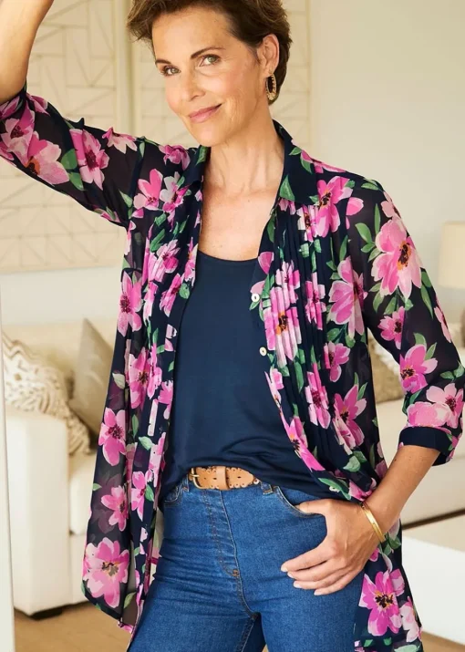 Cotton Traders Navy Pintuck Chiffon Blouse & Cami