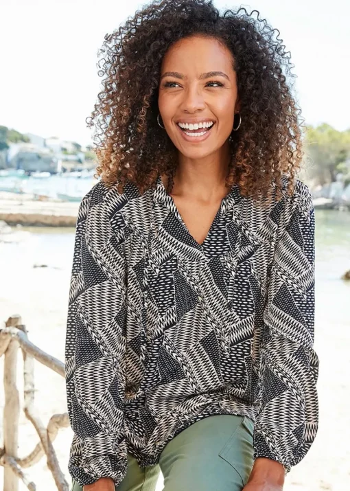 Cotton Traders Navy Printed Crinkle Blouse