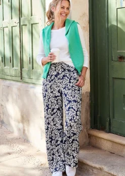 Cotton Traders Navy Printed Wide-Leg Pull-On Trousers