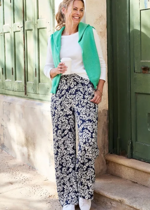 Cotton Traders Navy Printed Wide-Leg Pull-On Trousers