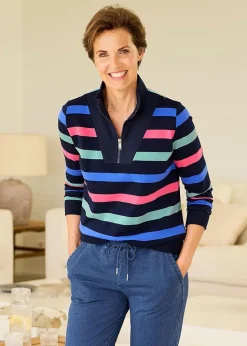 Cotton Traders Navy Stripe Zip-Neck Sweatshirt