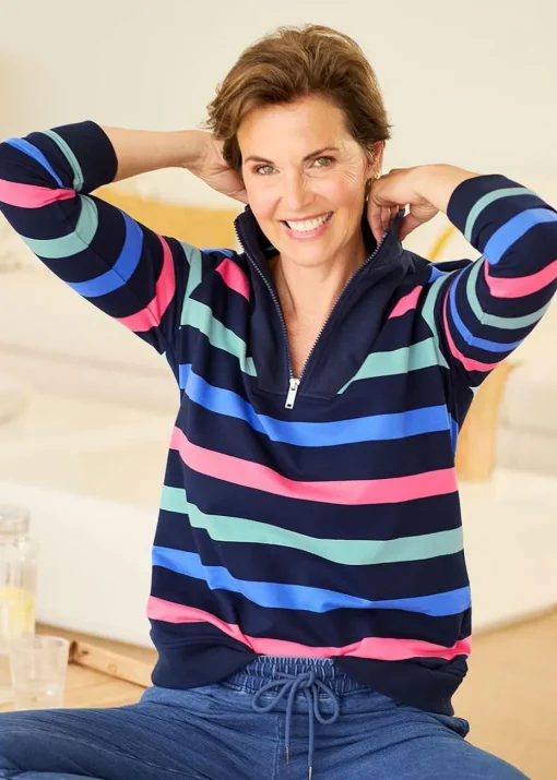 Cotton Traders Navy Stripe Zip-Neck Sweatshirt