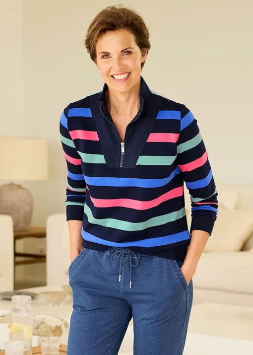 Cotton Traders Navy Stripe Zip-Neck Sweatshirt