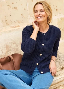 Cotton Traders Navy Textured Button Cardigan