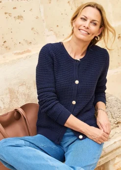 Cotton Traders Navy Textured Button Cardigan