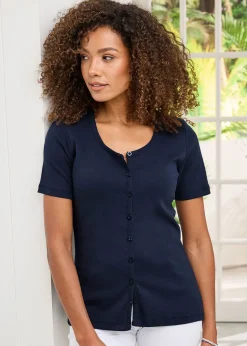 Cotton Traders Navy Wrinkle Free Short Sleeve Cardigan
