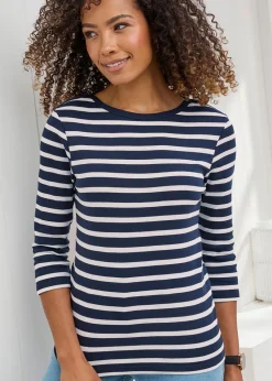 Cotton Traders Navy Wrinkle Free Stripe Boat Neck Top