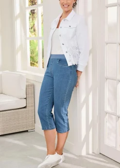 Cotton Traders Pale Blue Premium Pull On Rib Waist Crop Denim Jeans