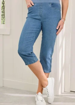 Cotton Traders Pale Blue Premium Pull On Rib Waist Crop Denim Jeans
