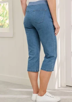 Cotton Traders Pale Blue Premium Pull On Rib Waist Crop Denim Jeans