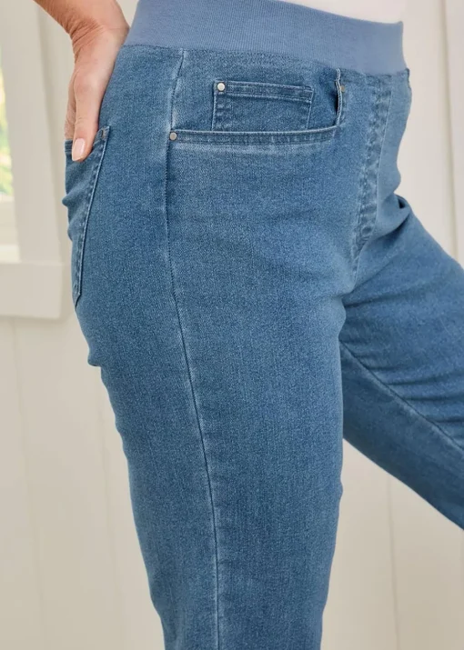 Cotton Traders Pale Blue Premium Pull On Rib Waist Crop Denim Jeans