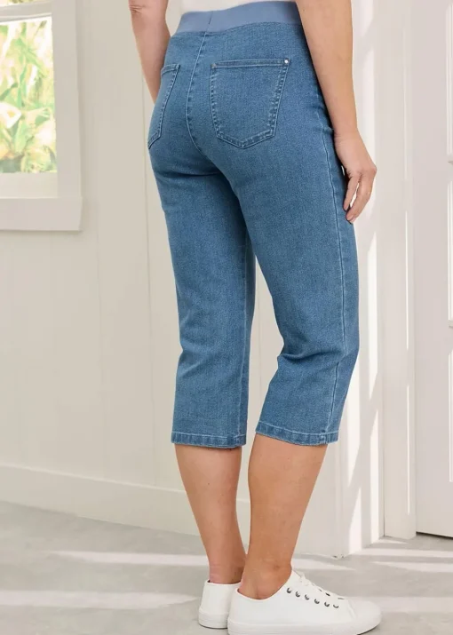 Cotton Traders Pale Blue Premium Pull On Rib Waist Crop Denim Jeans