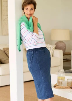 Cotton Traders Pale Blue Jersey Denim Pull-On Knee-Length Skirt