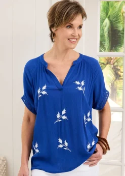 Cotton Traders Pale Blue Floral Embroidered Crinkle Top