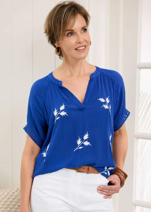 Cotton Traders Pale Blue Floral Embroidered Crinkle Top