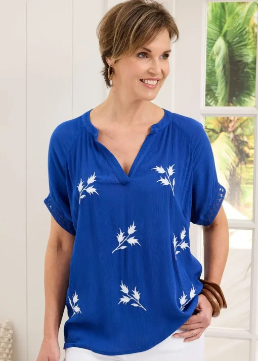 Cotton Traders Pale Blue Floral Embroidered Crinkle Top