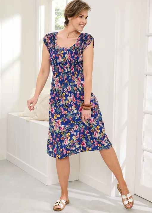 Cotton Traders Pale Blue Floral Crinkle Midi Dress