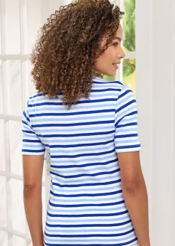 Cotton Traders Pale Sky Wrinkle Free Stripe Button Neck Top