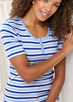 Cotton Traders Pale Sky Wrinkle Free Stripe Button Neck Top