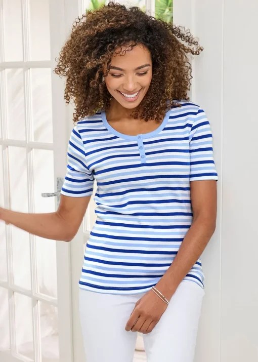 Cotton Traders Pale Sky Wrinkle Free Stripe Button Neck Top
