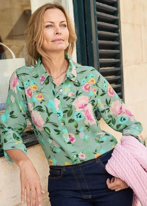 Cotton Traders Pastel Green Print Longline Blouse