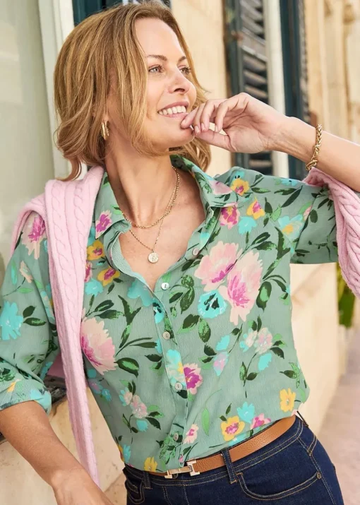 Cotton Traders Pastel Green Print Longline Blouse